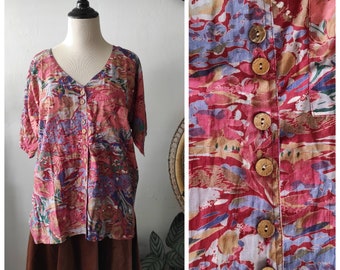 Deadstock NWT Zashi India Boho earthy floral block print sheer cotton gauze short slv/button up/V-neck tunic top unisex sz S/M