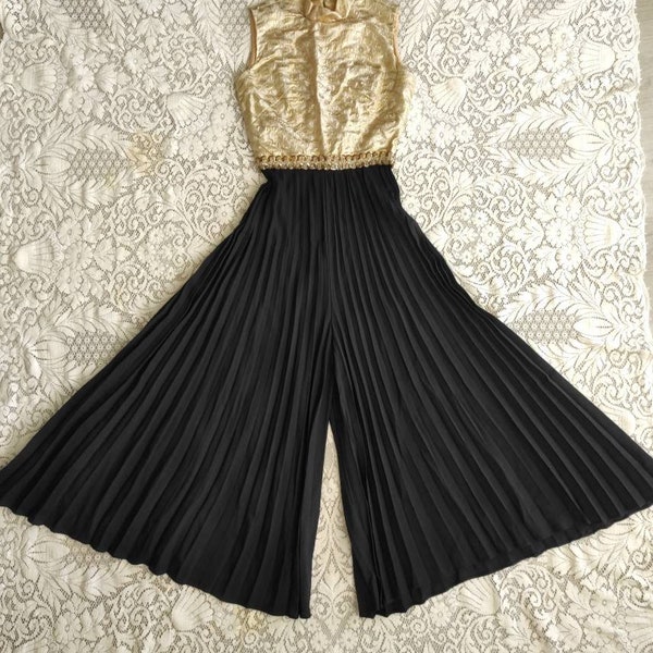 60's Mod lame brocade sequin shimmer gold/black sleeveless/high neck pleated wide leg Jumpsuit XS//S