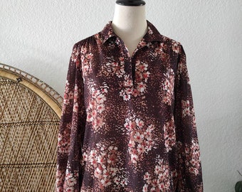 60's 70's Goldie California brown/cream/red/caramel floral novelty print long slv sheer polyester pullover secretary shirt top sz M