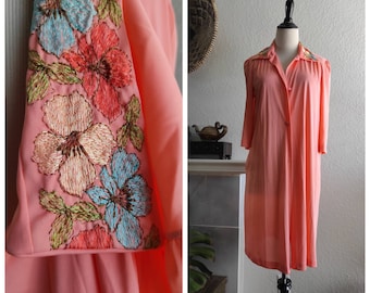 80's/90's Chic Vanity Fair bright peach floral embroidery sheer nylon-3/4 sleeve button front nightgown/duster sz S-M//2-4-6