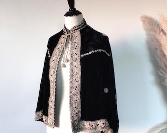 50's Black velvet with gold metallic trim embroidery //Palestinian wedding cape sz S/M/L