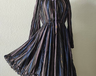 Adini Striped Blue/Muted lavender/black/gold metallic lurex/sheer thin cotton gauze/long slv/ruffle midi dress Small/Med