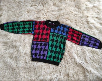 80's super cool Glamour Knit Gingham pattern red/green/blue/purple/black multi-colored Acrylic pullover sweater sz S/M