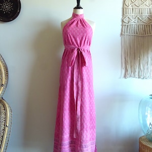 70&#39;s Goddess India Imports pink/lavender floral/elephant block print woven cotton collar/halter Maxi dress S/M 4/6