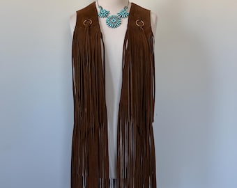 60er 70er Boho Hippie braun Echt Wildleder ULTRA lange Fransen Weste Unisex S/M