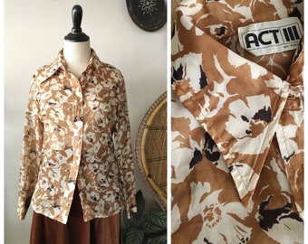 ACT III Mod ILGWU Cream/caramel brown/black floral novelty print long slv/silky sheer polyester button down/dagger collar shirt top sz S