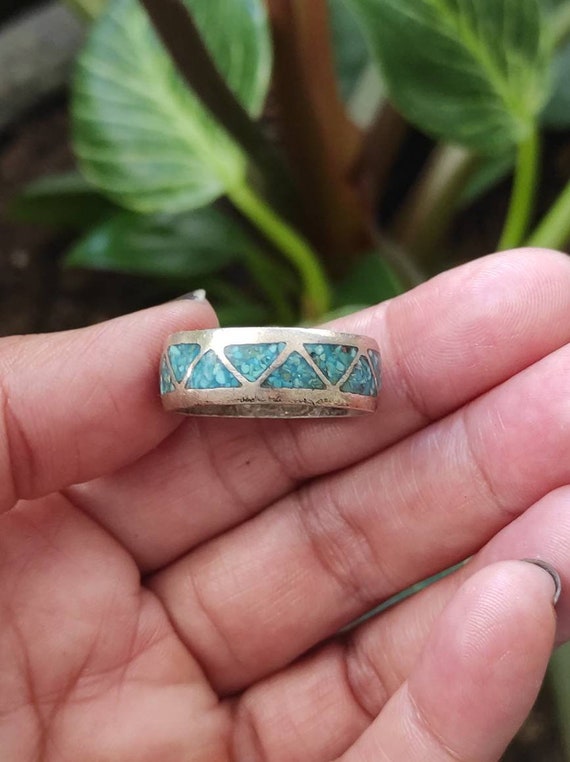 80's Native American Sterling silver green/blue T… - image 5