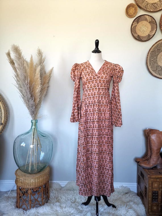 70s Floral Block Print Cotton Maxi Dress - India Imports Adini - XS/S