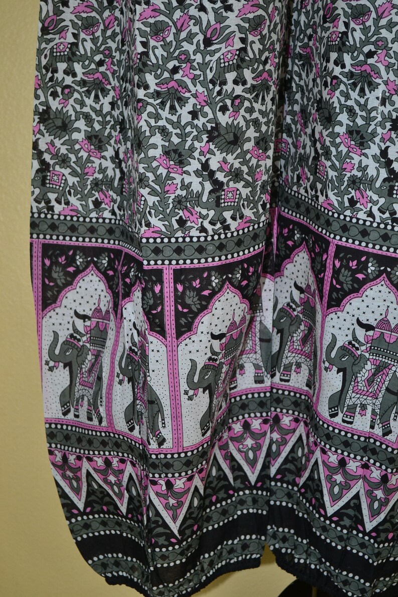 India Boho runway light breeze soft sheer cotton gauze grey pink floral Elephant block print plunging harem pants Jumpsuit dress S//L image 8