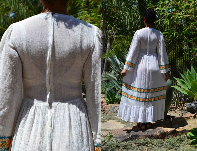 60's 70's India boho hippie peasant ruffle off-white sheer cotton gauze floral embroidered belled slv maxi dress XS//S image 5