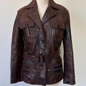 70's Genuine dark brown patchwork soft Leather belted jacket Medium 4-6