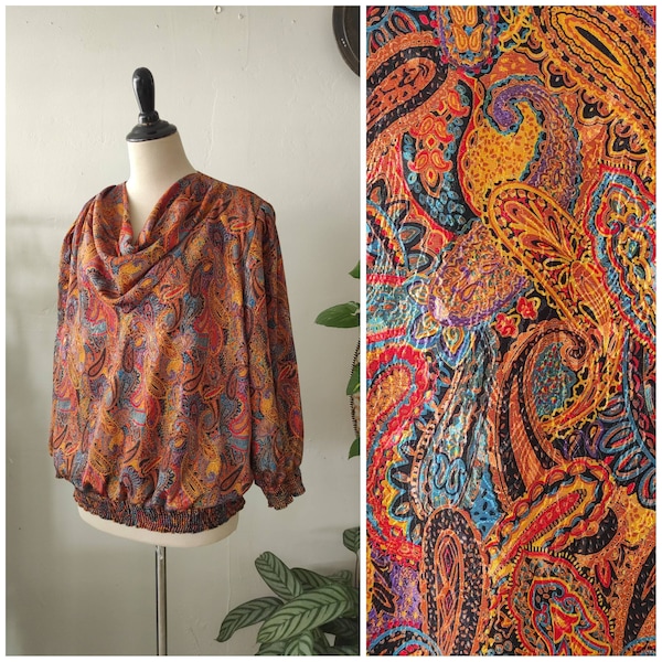 80's Tops 'n Tops Bold Colorful/purple/turquoise/red/ochre/black paisley print/Jacquard SOFT silky polyester puff long slv top S/M/L