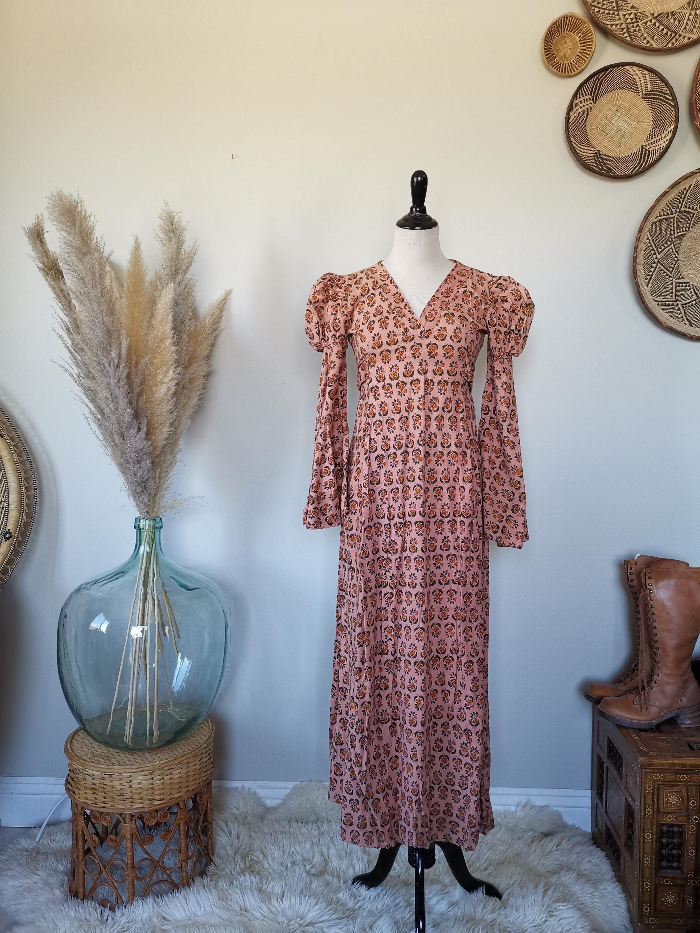 70s Floral Block Print Cotton Maxi Dress India Imports Adini XS/S
