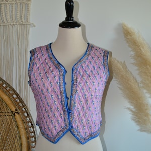 70&#39;s 80&#39;s INDIA Boho NWOT Deadstock rose/blue Block print gold stamping Quilted soft Cotton gauze top waistcoat crop Vest XS/S/M dress
