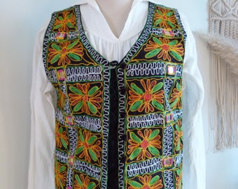 80's India handmade folk Floral bohemian Green/Yellow/White/Pink cotton hand embroidery Mirrored vest waiscoat S/M