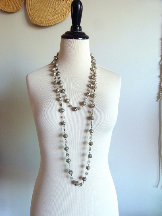 Antique Frida Khalo Oaxacan silver tone metal hollow carved beads extra long statement necklace and dangle screw back earrings/jewelry set