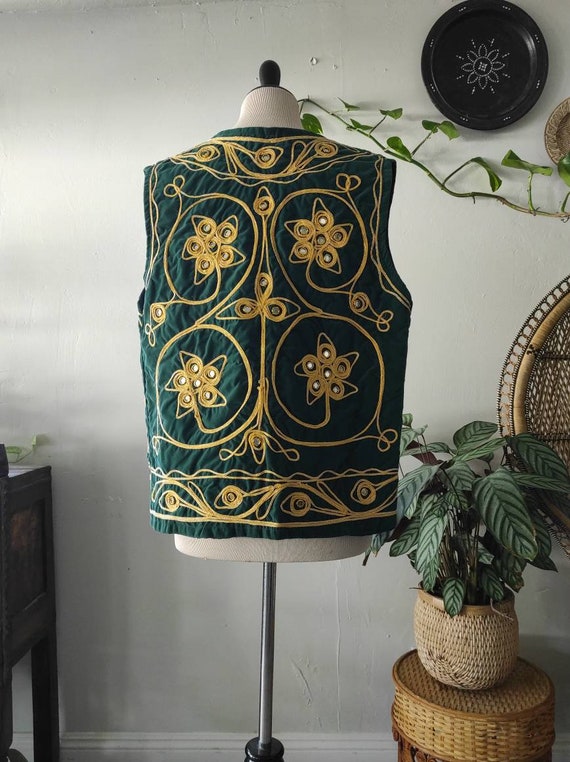 80's Afghan Folk ornate emerald green velvet embe… - image 9