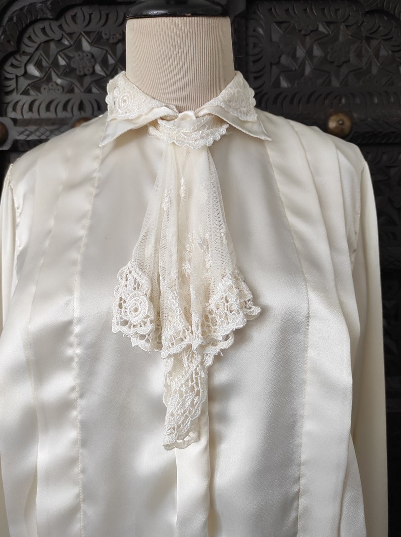 60's 70's Gunnies style Boho Michelle Stuart Victorian Romantic ivory floral sheer Lace tie/SOFT silky long slv blouse top S//M image 5
