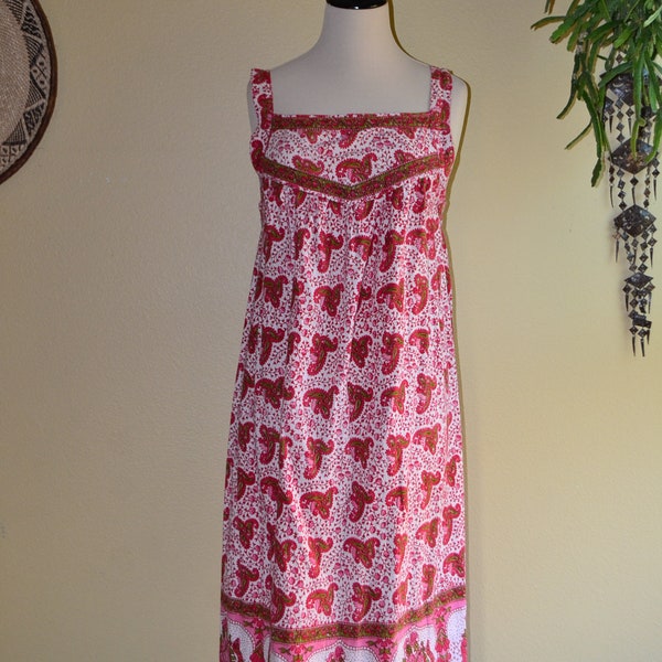 80er Jahre Indien Boho himbeere rosa floral/ camel/ paisley handblock print Baumwolle Brise Strappy Zelt Midi Sonnenkleid S/M