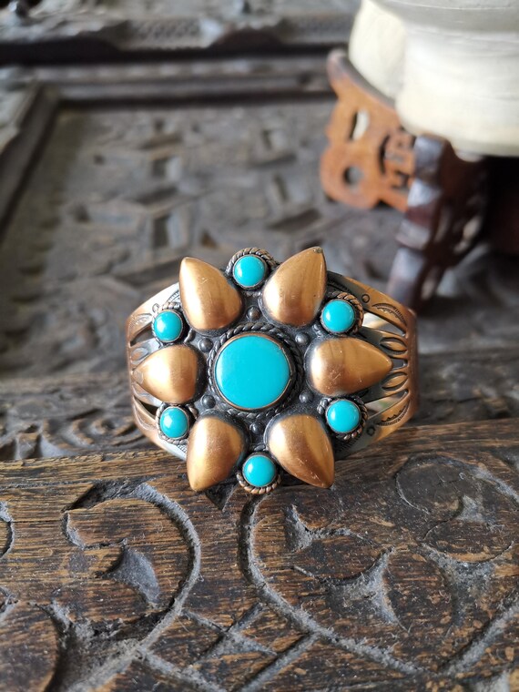 Vintage 70's Native American copper/turquoise trading post bracelet