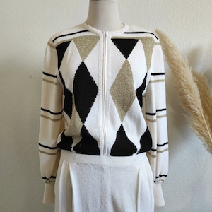 80&#39;s Fab Mod Lillie Rubin knit bone/black/glittery gold lurex/contrasting striped/harlequin pattern/wide long slv. Jumpsuit S//M-4-6-8
