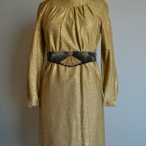 60&#39;s 70&#39;s Mod Designer JOHNNYE Lame Shimmer Party Chic Avant Garde metallic gold lurex textured long slv shift mini dress sz S/M-4-6