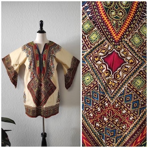 70&#39;s Goddess Multi color dashiki mandala print//butter cotton Angel wing slv. top/caftan mini dress S/M
