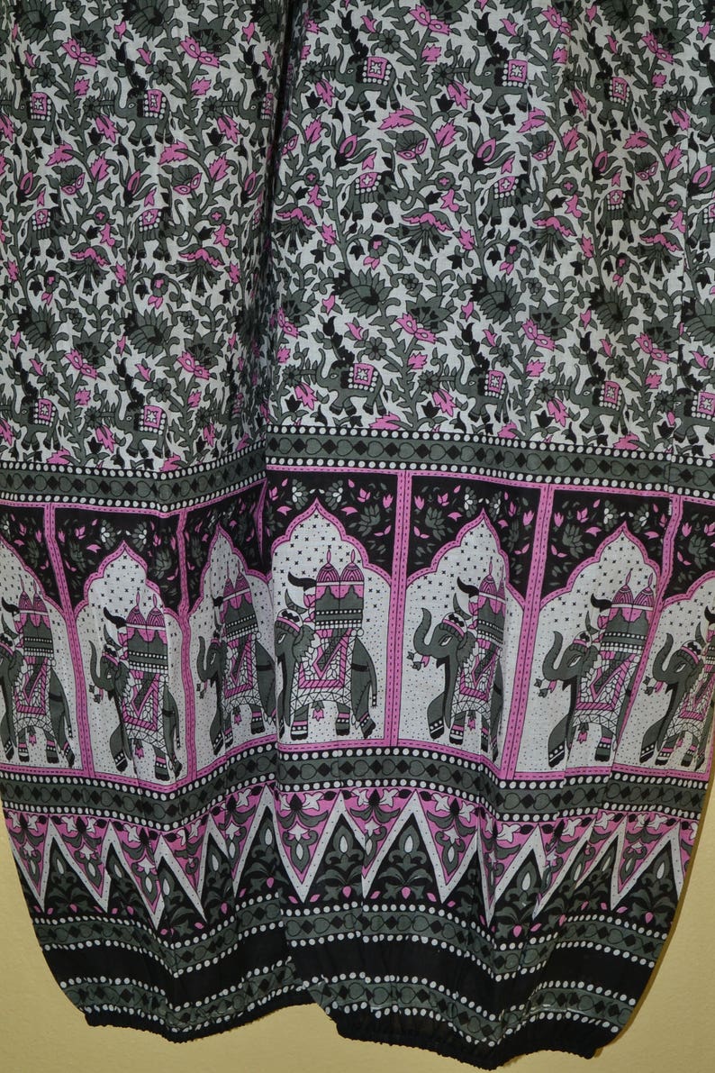 India Boho runway light breeze soft sheer cotton gauze grey pink floral Elephant block print plunging harem pants Jumpsuit dress S//L image 6