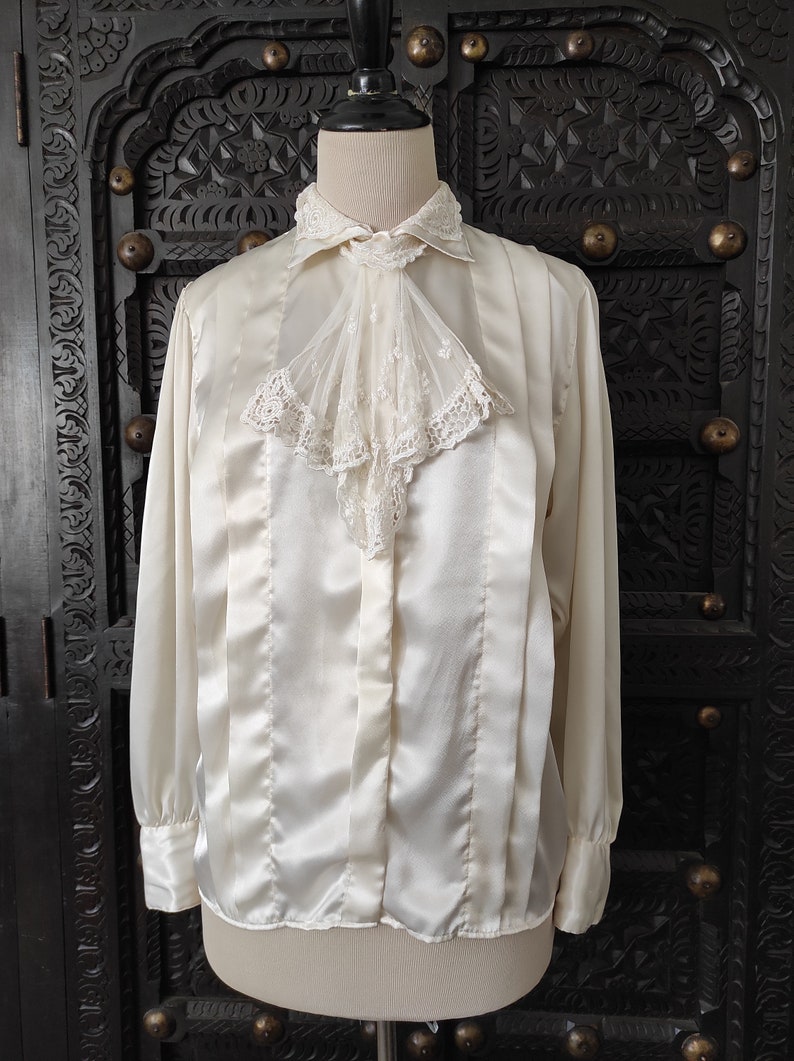 60's 70's Gunnies style Boho Michelle Stuart Victorian Romantic ivory floral sheer Lace tie/SOFT silky long slv blouse top S//M image 1