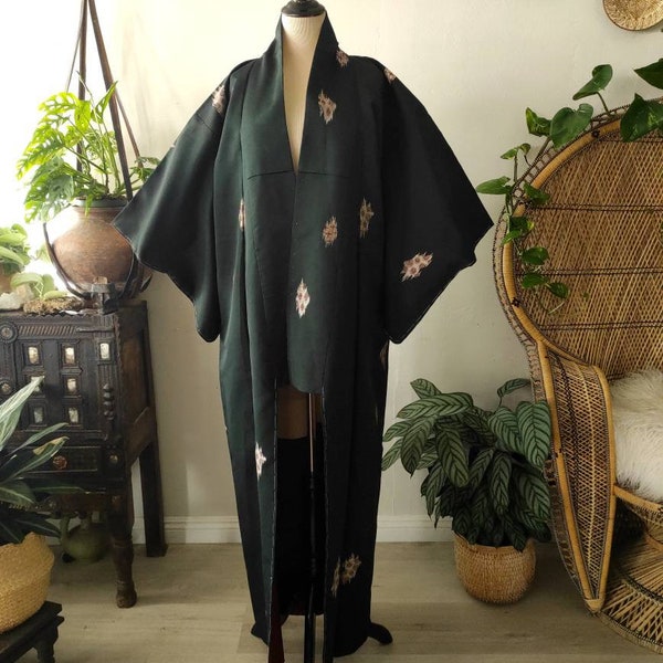 60's/70's Japanese black/tan/burgundy ethnic silk embroidered/long slv./ maxi Kimono dress M//L