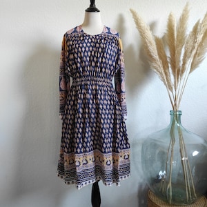 70&#39;s-80&#39;s Pakistan Boho soft sheer cotton gauze yellow/Navy blue/red floral/paisley block print midi dress S/M