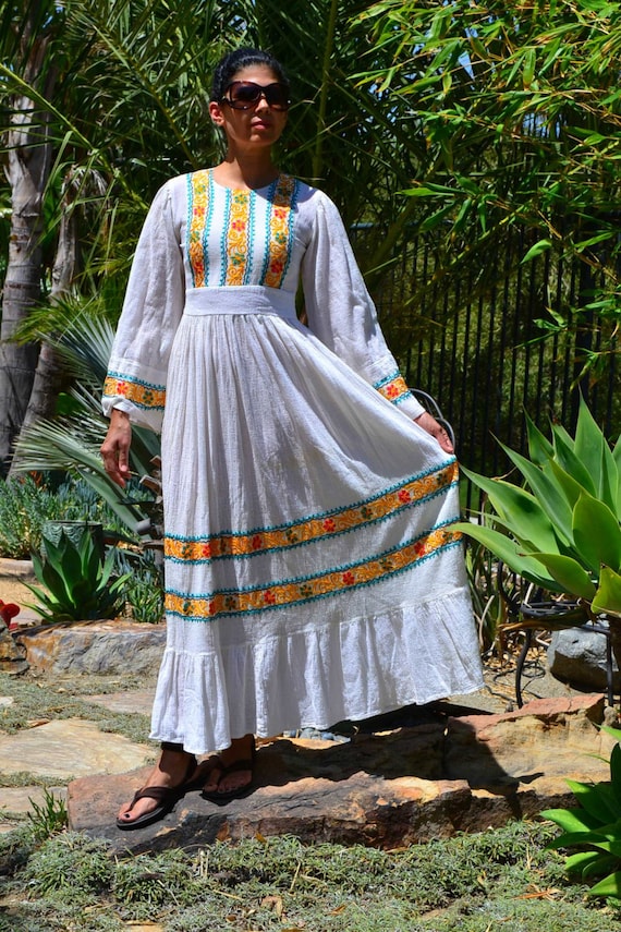 60's 70's India Boho Hippie Peasant Ruffle Off-white Sheer Cotton Gauze  /cheesecloth Floral Embroidered Belled Slv Maxi Dress XS//S - Etsy