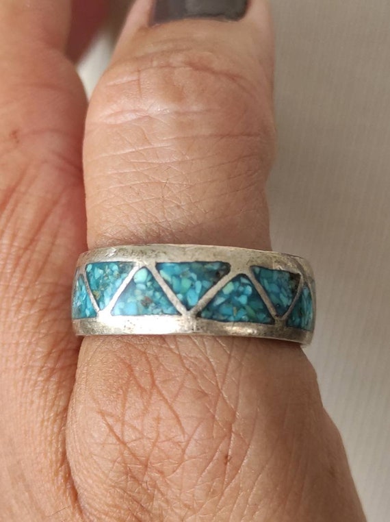 80's Native American Sterling silver green/blue T… - image 3
