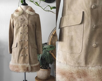 Luxury Glam Aleksander made in Norway genuine lamb/reindeer fur collared/trim tan buttery soft deerskin/double breasted 3/4 Coat SMALL