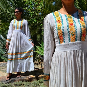 60's 70's India boho hippie peasant ruffle off-white sheer cotton gauze floral embroidered belled slv maxi dress XS//S image 1