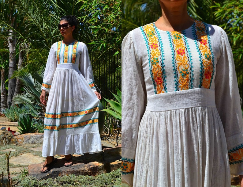 60's 70's India boho hippie peasant ruffle off-white sheer cotton gauze floral embroidered belled slv maxi dress XS//S image 1