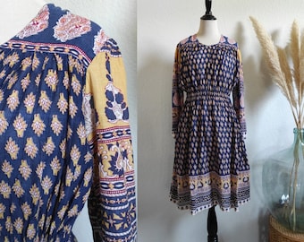 70's-80's Pakistan Boho soft sheer cotton gauze yellow/Navy blue/red floral/paisley block print midi dress S/M