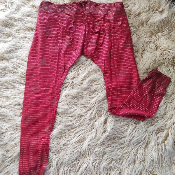 Stock d'invendus Inde Emporium scintillant Gaze de coton fine rouge transparente argent métallisé Lurex/or estampage cordon de serrage/sarouel à revers pantalon Salwar XS/S