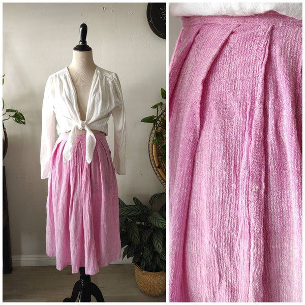 80's India NWT Deadstock Zodiac pastel pink sheer crinkle woven Cotton gauze midi buttoned pleated wrap skirt XS/S- waist 25.5"