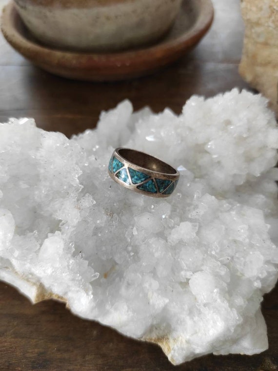 80's Native American Sterling silver green/blue T… - image 9