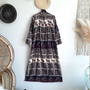 70&#39;s Pakistan India Kaiser cotton//long slv. Black burgundy Elephant paisley block print festival caftan maxi dress S/M/L
