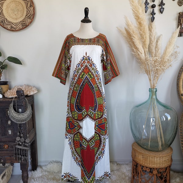 70's Boho dashiki multi-color Bold hearts/Mandala print/cream cotton Angel wing slv. caftan maxi dress S//M