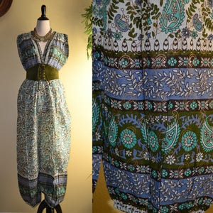India Boho runway light soft sheer thin cotton gauze blue white teal floral paisley block print plunging harem pants Jumpsuit dress S//L