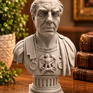 May include: A light gray stone-textured bust of a Roman figure wearing armor with a prominent eagle emblem on the chest. The sculpture features a detailed face with furrowed brows and is mounted on a circular fluted pedestal base.