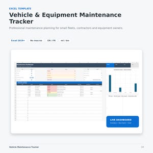 Könnte beinhalten: Eine Excel-Vorlage für einen Fahrzeug- und Gerätewartungs-Tracker. Die Benutzeroberfläche zeigt ein Wartungs-Dashboard mit Statusdiagrammen, Kostenverfolgung und einer Aufgabenliste. Text beinhaltet 'Excel 2019+', 'No macros', 'EN / FR', 'mi / km', 'LIVE DASHBOARD'.