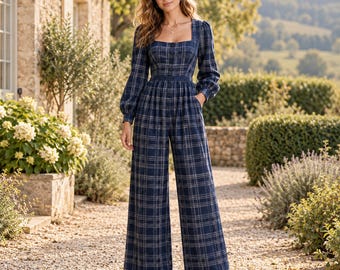 Tartan Jumpsuit for Women, Square Neck Long Sleeve Wide Leg One Piece