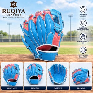 May include: A baseball glove featuring a bright blue and coral pink colour scheme with white lacing. The glove is displayed in multiple angles including front, back, palm, and side views, showcasing the textured leather construction and design.