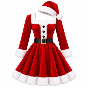 Abito da Babbo Natale in velluto rosso per donna, abito da festa natalizia, abito da vacanza con bordo in pelliccia sintetica bianca, costume natalizio a maniche lunghe con cintura nera