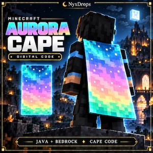 Puede incluir: Un código digital de capa Minecraft Aurora con un personaje de bloques que lleva una capa con un degradado de colores azul, morado, rosa y verde con estrellas pixeladas blancas. El texto dice NyxDrops, Minecraft Aurora Cape, Digital Code, Java + Bedrock.