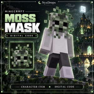 May include: A Minecraft Moss Mask digital code character item featuring a blocky avatar wearing a green and grey pixelated mossy headpiece. The text reads NyxDrops, Minecraft Moss Mask, Digital Code, and Character Item Digital Code.